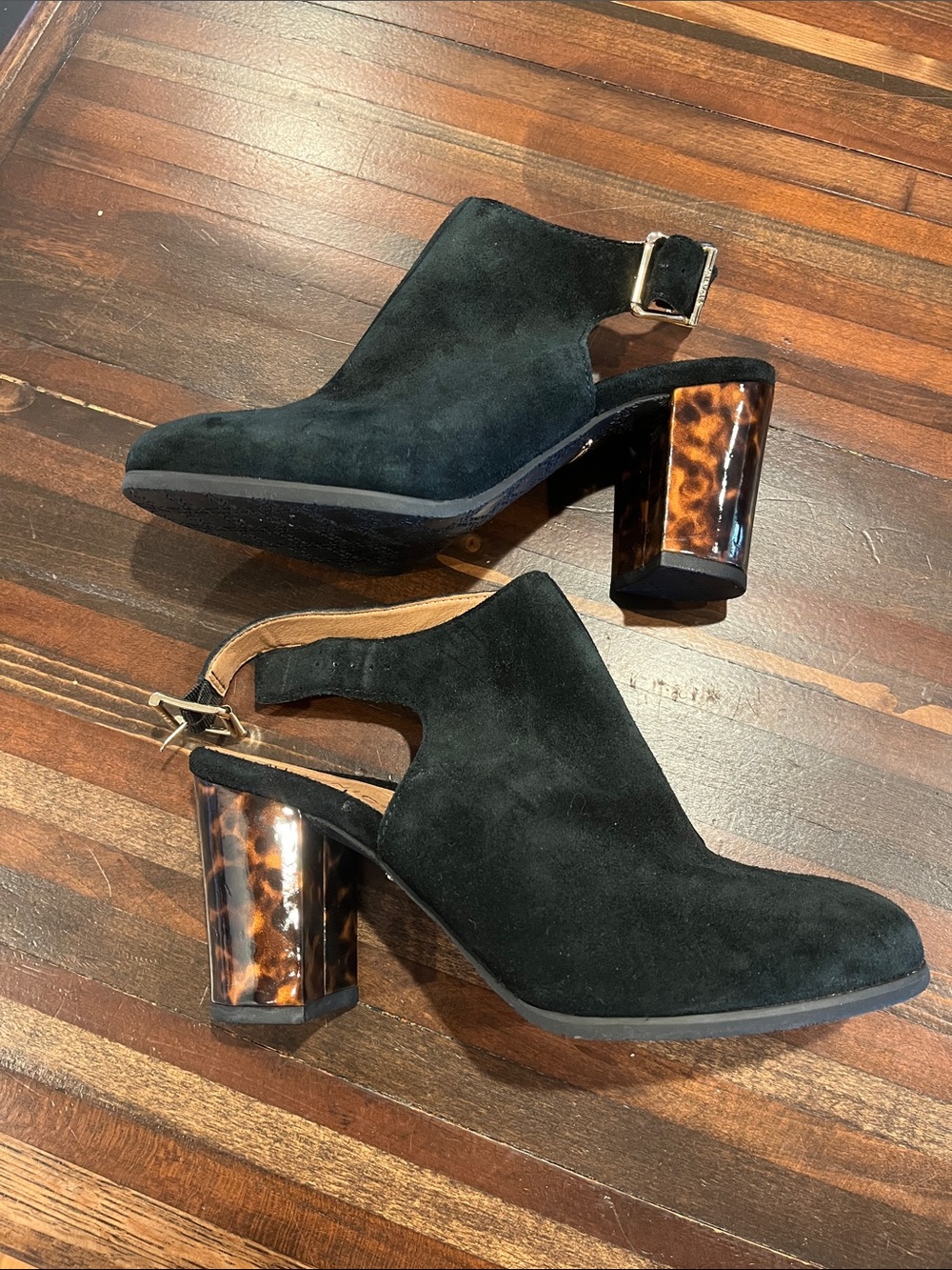 Vionic Black Suede Slingback Heels with Tortoiseshell Block Heel size 8